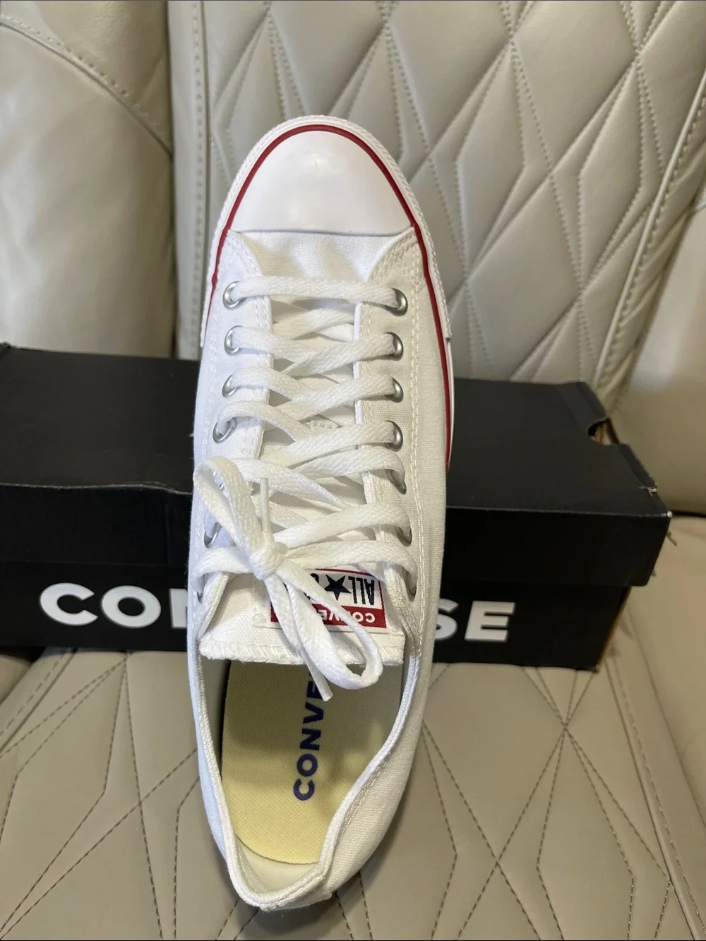 Converse White Low Top Sneakers with Red & Navy Stripes - Picture 7 of 10